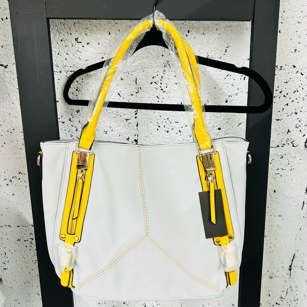 KEYLI Light Gray Yellow Tote Bag Set Wristlet Strap NWT Read